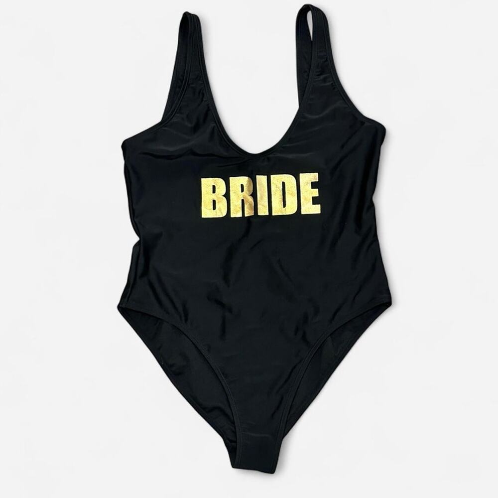 boohoo Bride Blac Swim suit with gold letterings one piece size 8 small/medium